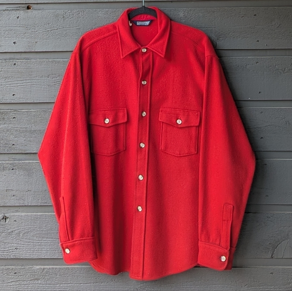 VTG 80s Lands' End Red Heavyweight Wool LS Button Front Shacket Large USA Made
